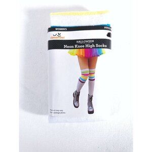 Neon Stripe White Knee High Socks Women Novelty Rainbow Socks S-XL